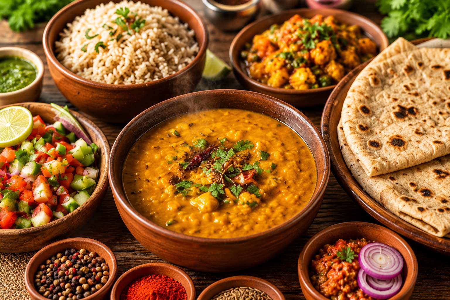 Healthy recipes featuring fresh vegetables, fruits, whole grains, spices, and nutritious homemade Indian meals for a balanced lifestyle.