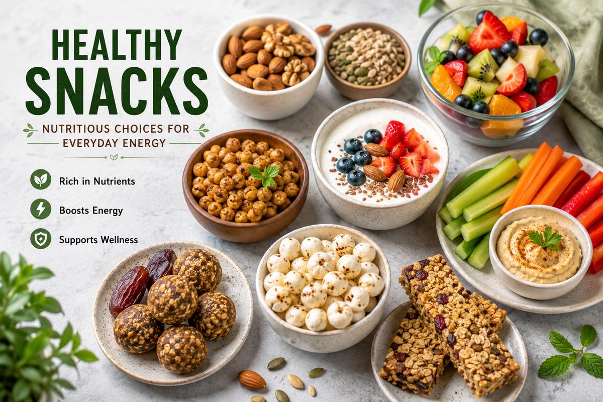 Healthy snacks including fresh fruits, nuts, yogurt, seeds, granola bars, roasted makhana, and vegetable sticks arranged on a table
