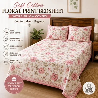 Vrindavan Rasa Soft Cottton Floral Print Bedsheet with 2 Pillow Covers Pink King Size (36*76)