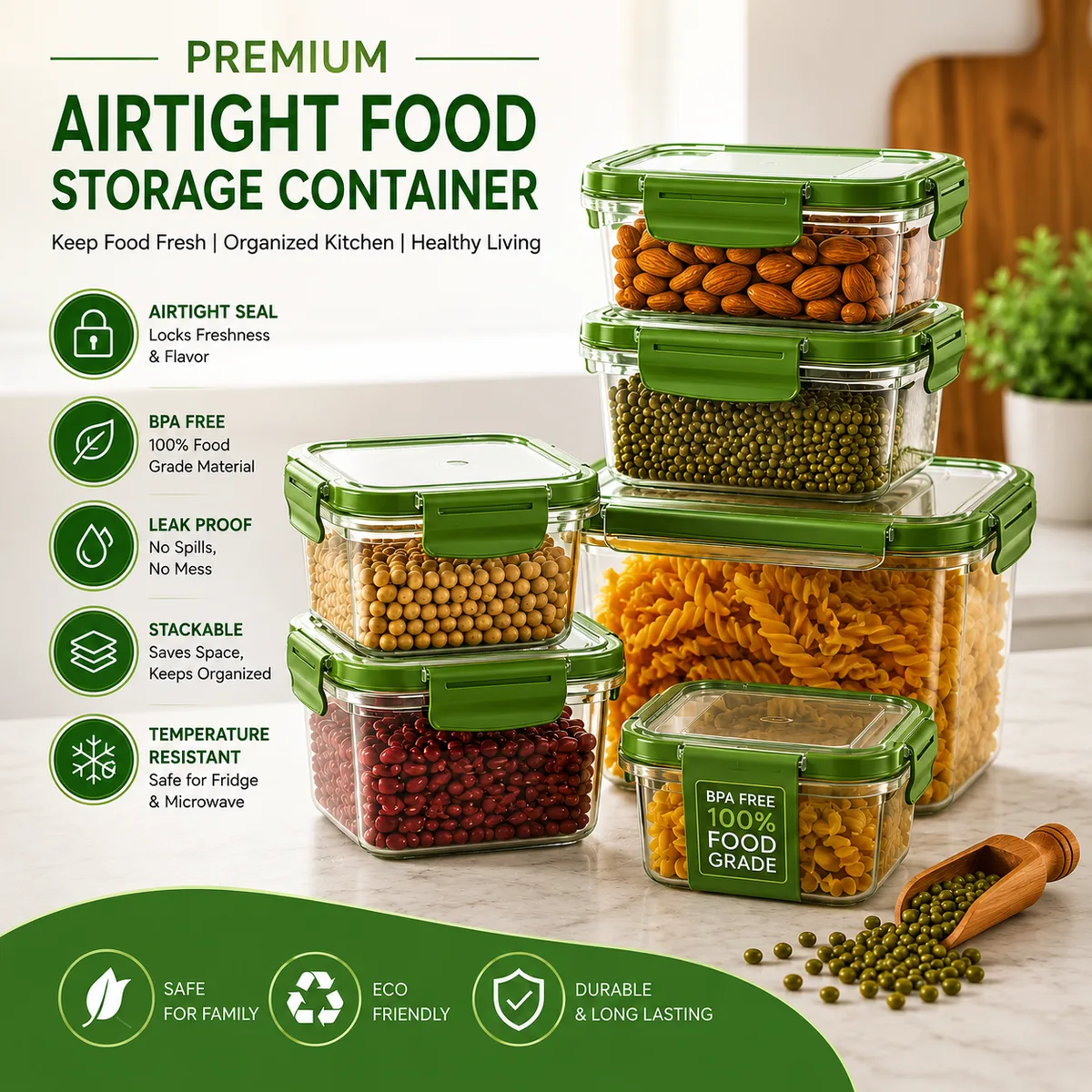 Vrindavan Rasa Premium Airtight Food Storage Container Green Set Of 6 (300ml, 500ml, 700ml, 1000ml, 1200ml, 1500ml) thumbnail 2