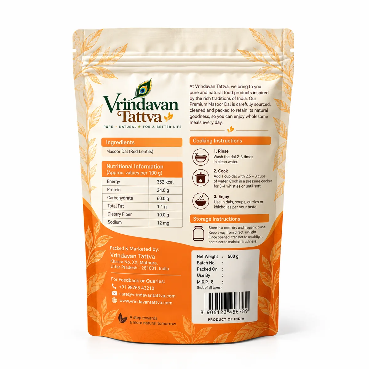 Vrindavan Tattva Organic Masoor Dal (Red Lentils) 500g thumbnail 2