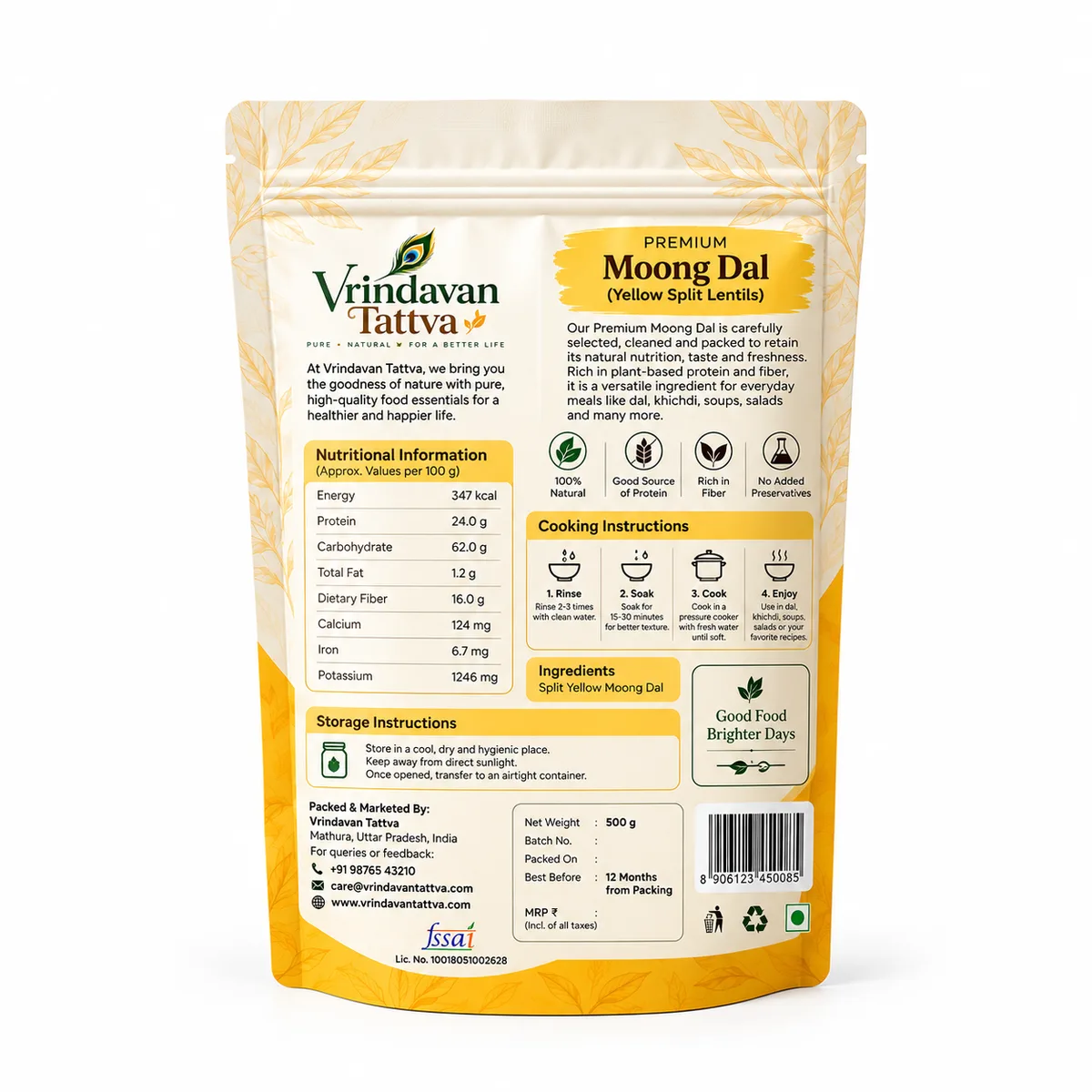 Vrindavan Tattva Organic Moong Dal (Yellow Split Lentils) 500g thumbnail 2