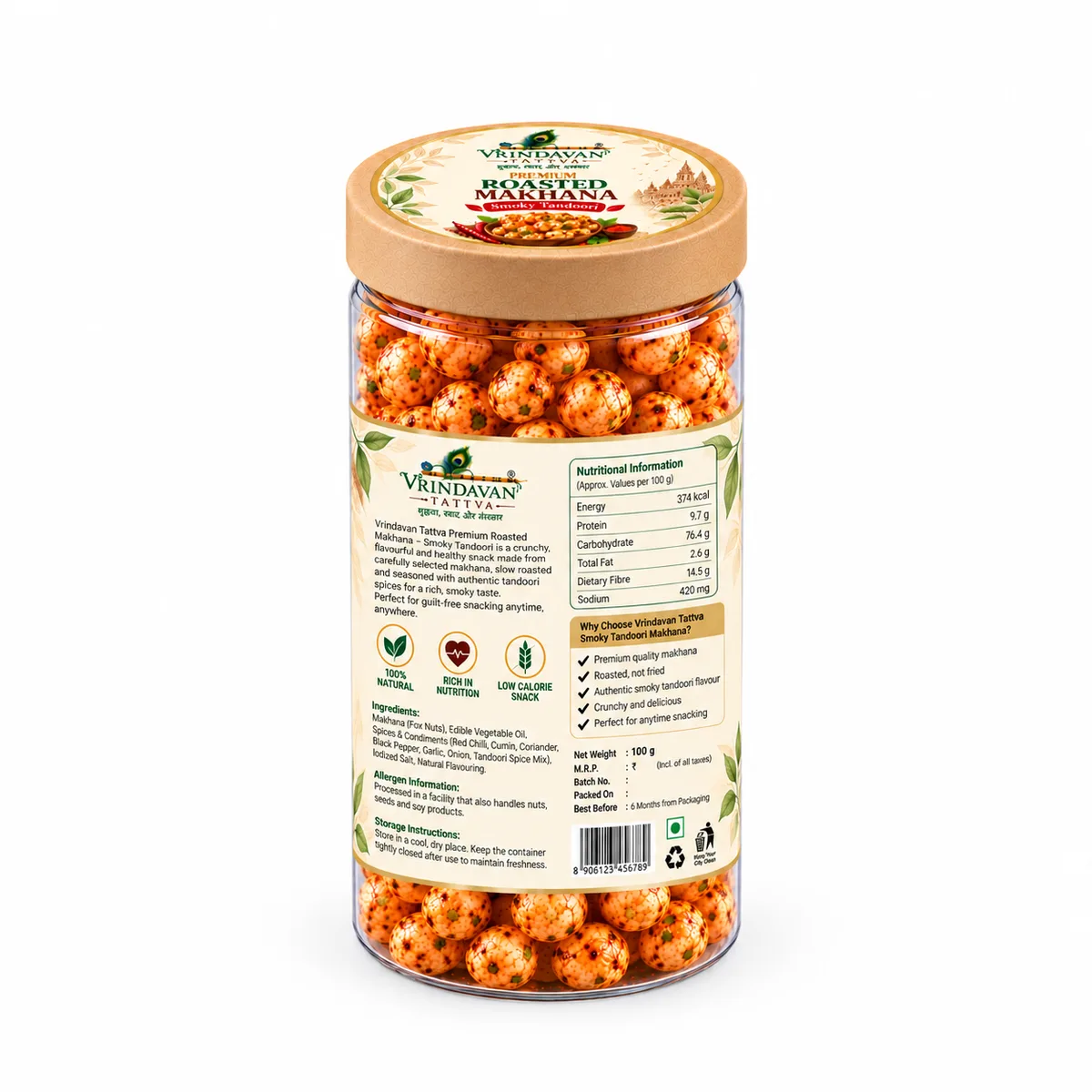 Vrindavan Tattva Premium Roasted Makhana – Smoky Tandoori 100g thumbnail 2