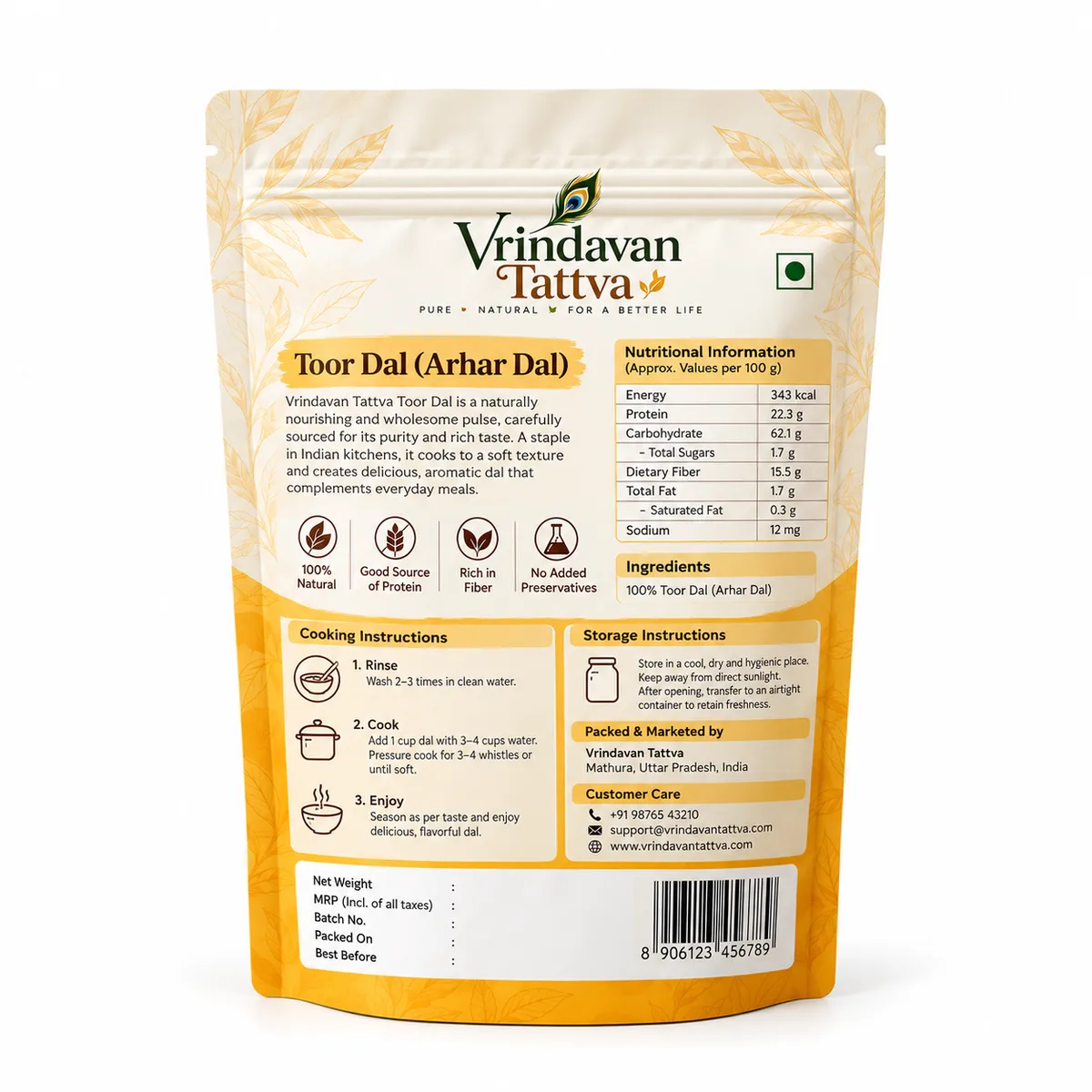 Vrindavan Tattva Organic Toor Dal (Pigeon Peas) 500g thumbnail 2