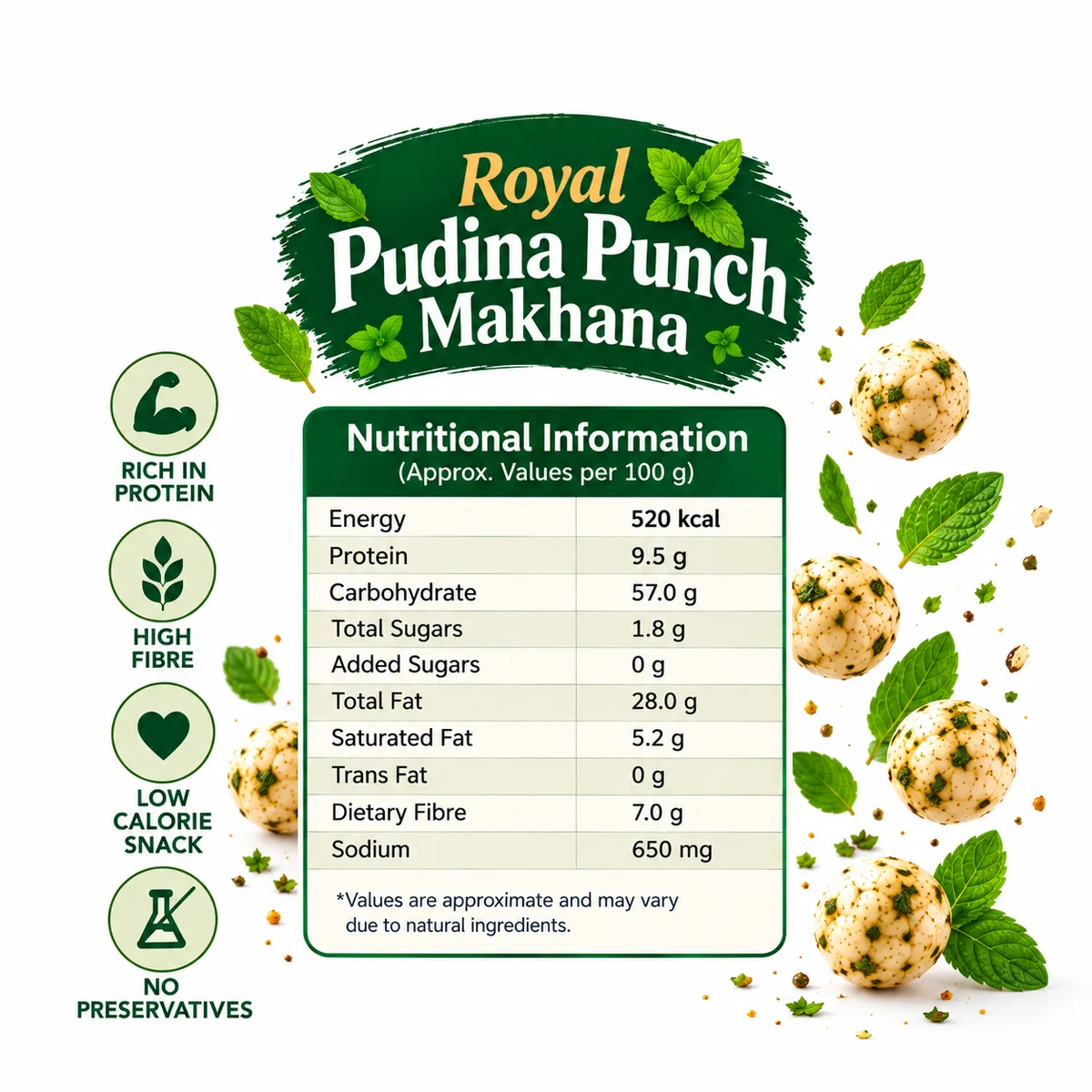 Vrindavan Tattva Royal Pudina Punch Makhana 100g thumbnail 3