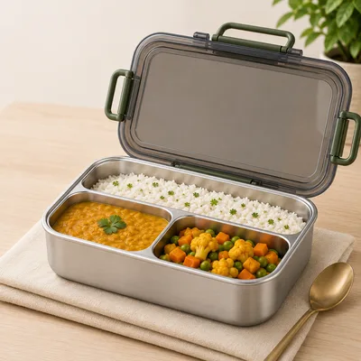 Premium Stainless Steel Leak-Proof Lunch Box with 3 Compartments Black-500ml