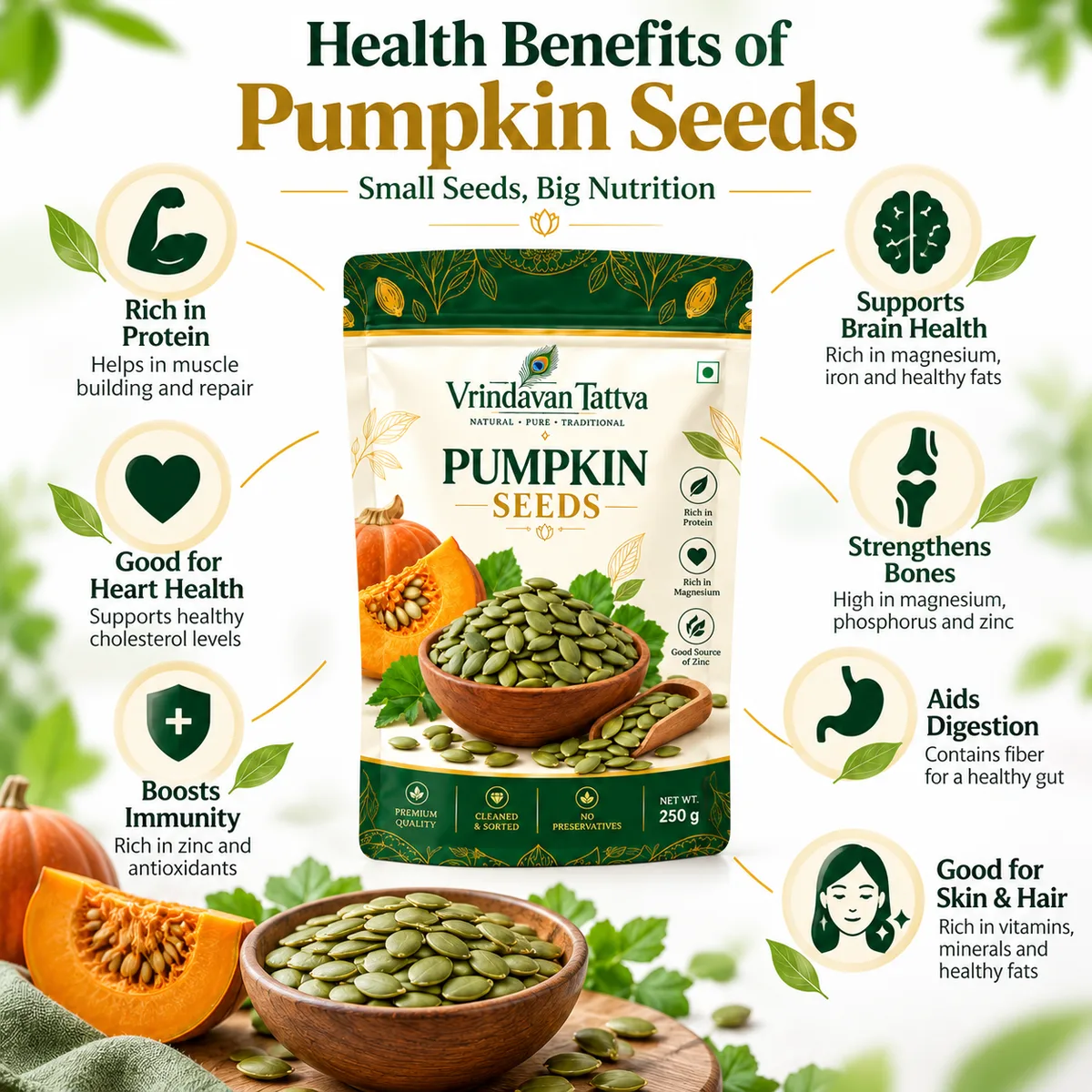 Vrindavan Tattva Premium Pumpkin Seeds – 100% Natural & Rich in Nutrients 250g thumbnail 4