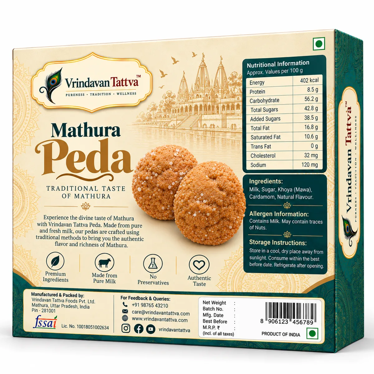 Vrindavan Tattva Pure Milk Mathura Peda – Traditional Taste of Mathura 500g thumbnail 2