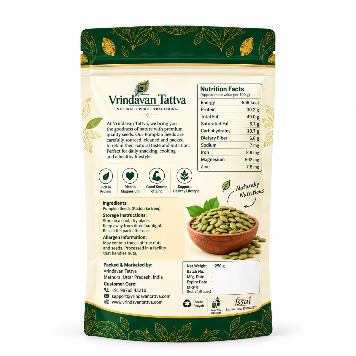 Vrindavan Tattva Premium Pumpkin Seeds – 100% Natural & Rich in Nutrients 250g thumbnail 2