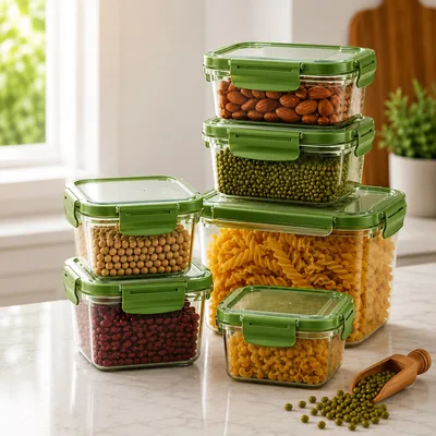 Vrindavan Rasa Premium Airtight Food Storage Container  Green Set Of 6 (300ml, 500ml, 700ml, 1000ml, 1200ml, 1500ml)