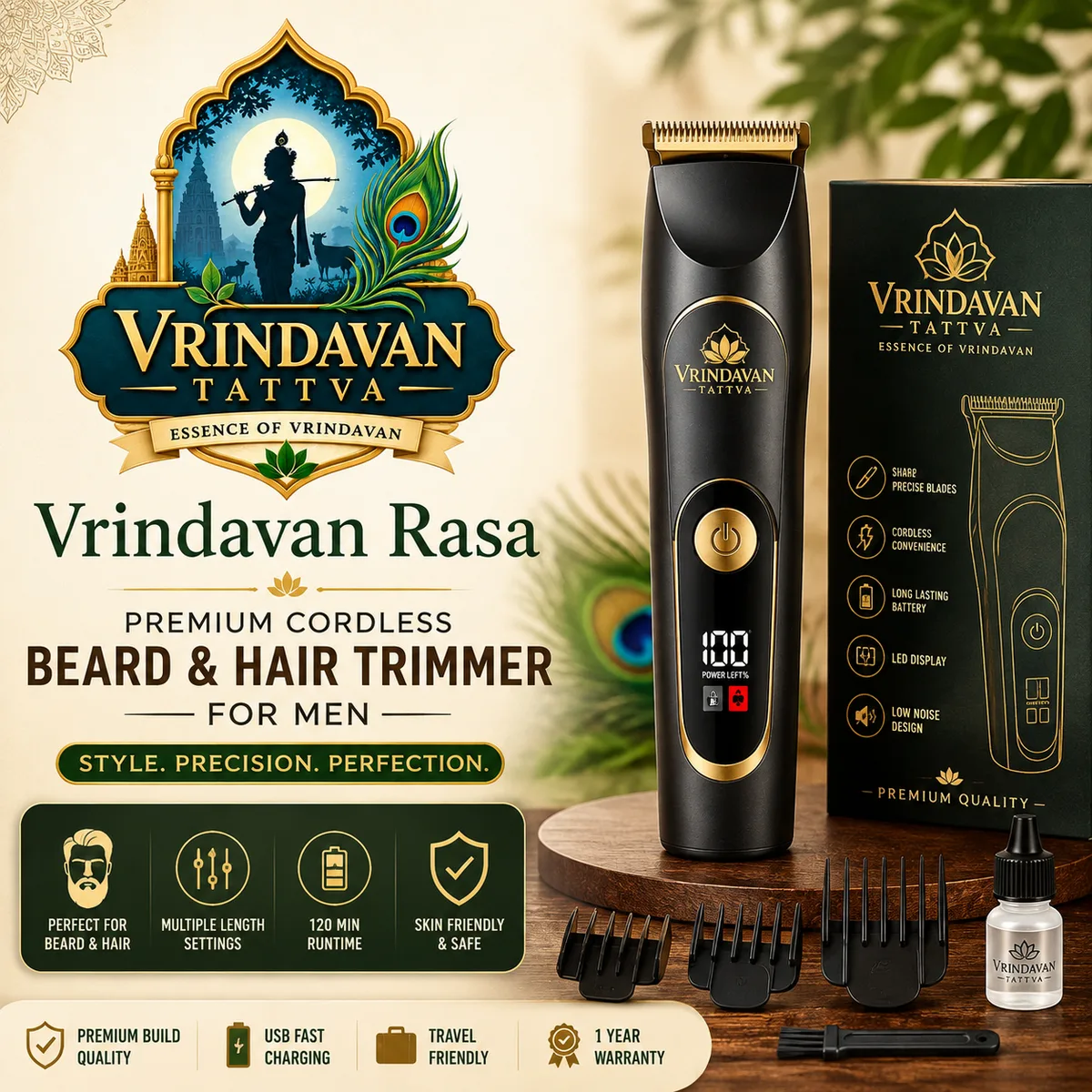 Vrindavan Rasa Premium Cordless Beard & Hair Trimmer for Men Black
