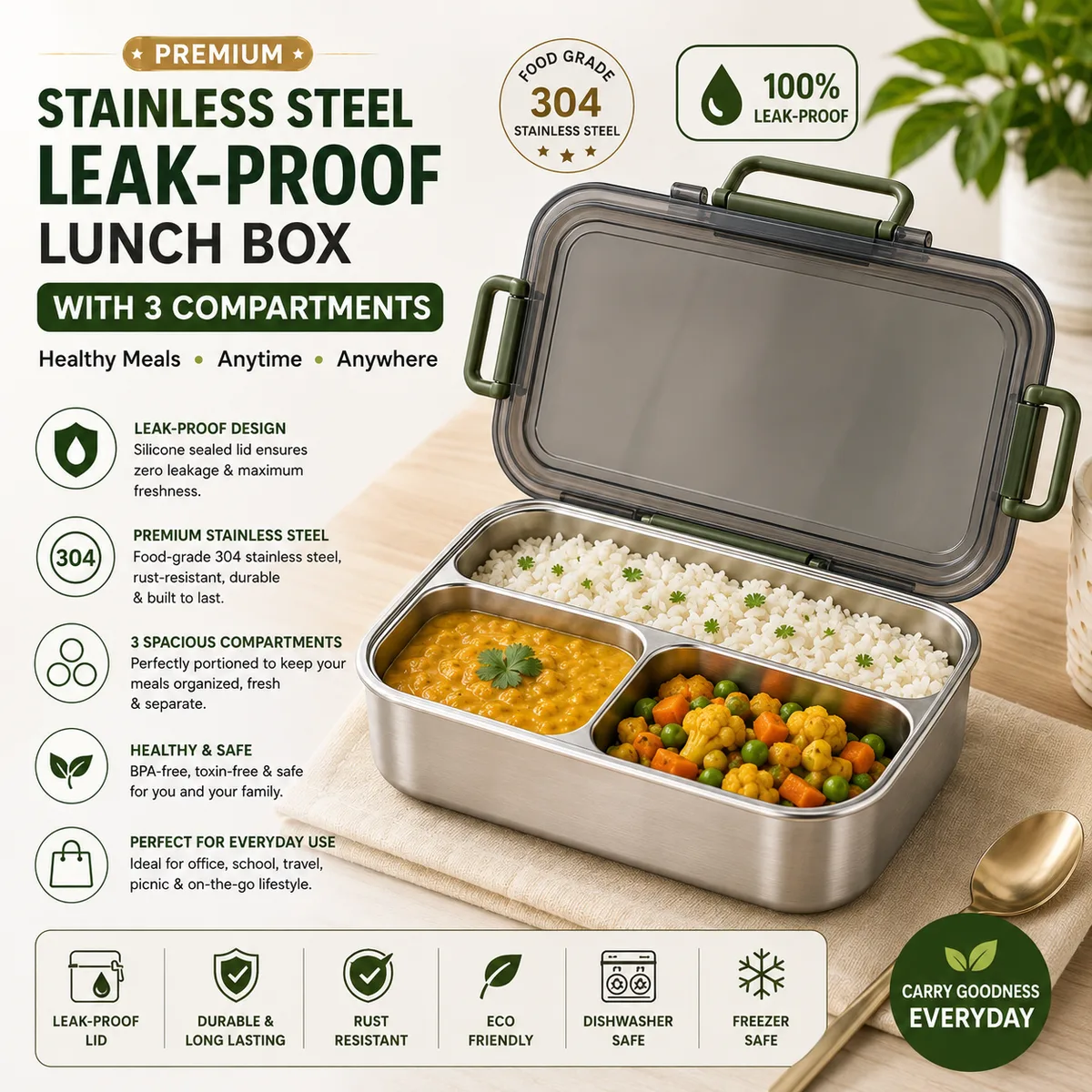 Premium Stainless Steel Leak-Proof Lunch Box with 3 Compartments Black-500ml thumbnail 2
