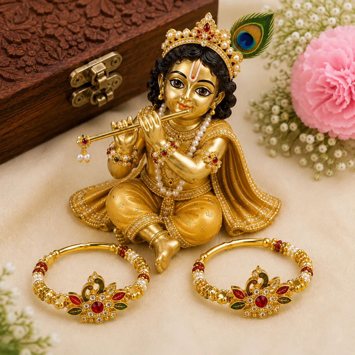 Laddu Gopal Pearl & Stone Kangan (2 no.) golden thumbnail 2