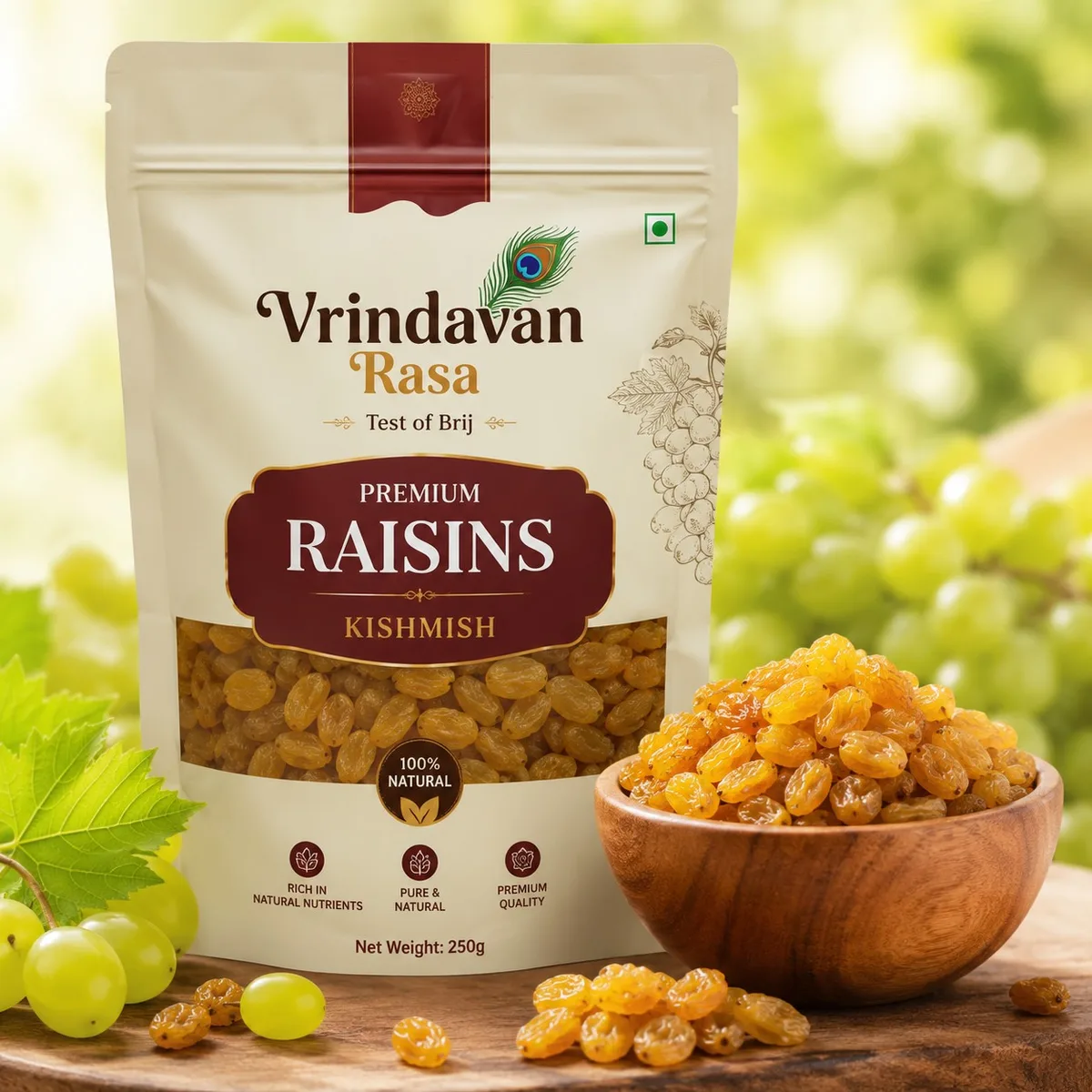 Premium Golden Raisins (Kishmish) | Naturally Sweet & Seedless | Vrindavan Rasa 500g (Pack Of 1) thumbnail 2