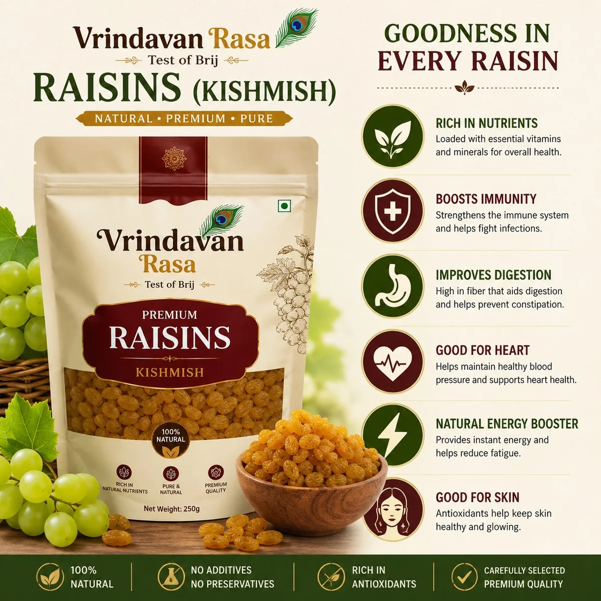 Premium Golden Raisins (Kishmish) | Naturally Sweet & Seedless | Vrindavan Rasa 500g (Pack Of 1)
