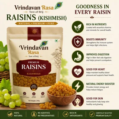 Premium Golden Raisins (Kishmish) | Naturally Sweet & Seedless | Vrindavan Rasa 500g (Pack Of 1)