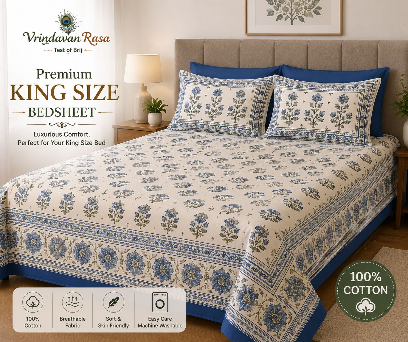 Vrindavan Rasa Soft Cottton Floral Print Bedsheet with 2 Pillow Covers Blue King Size (36*76)